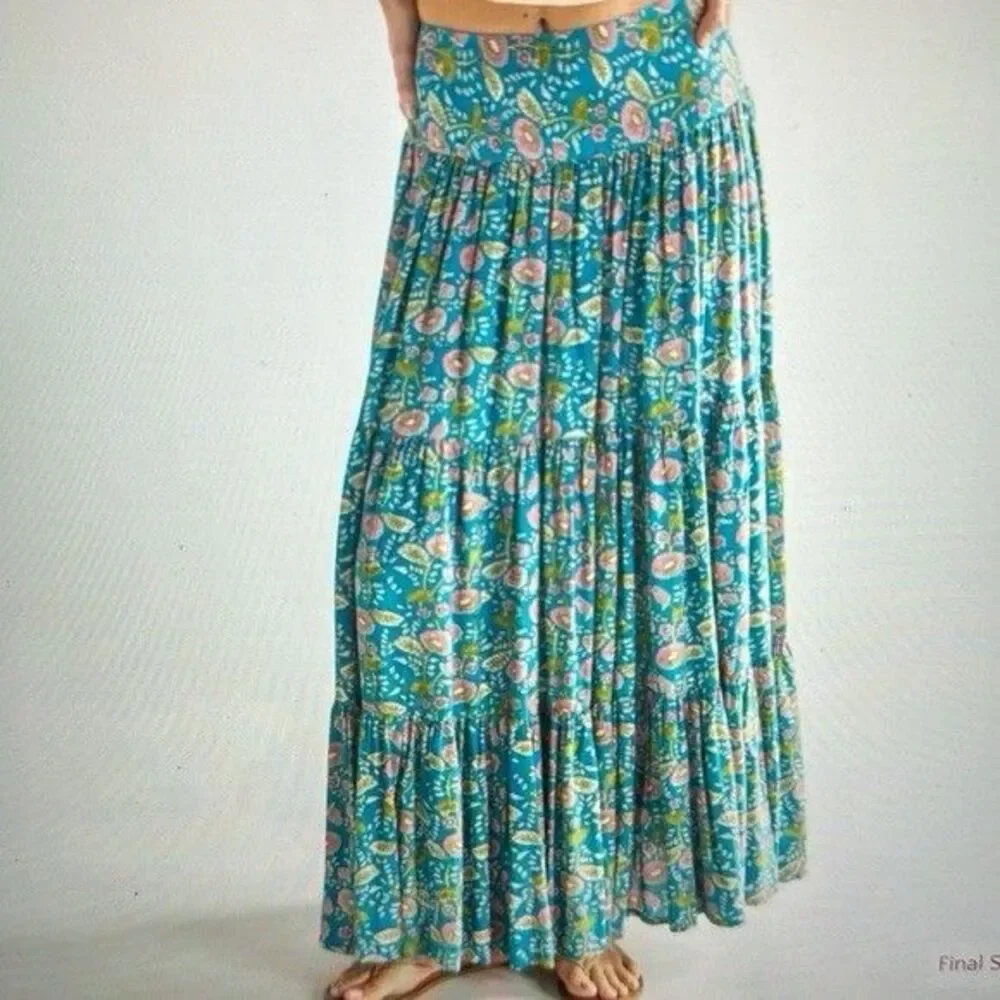 NATURAL LIFE Teal Paisley Maxi Skirt with Pink and Green Accents - Picture 2 of 8